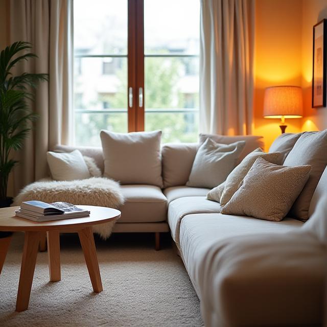 Inviting living room with freshly vacuumed carpet and plumped cushions