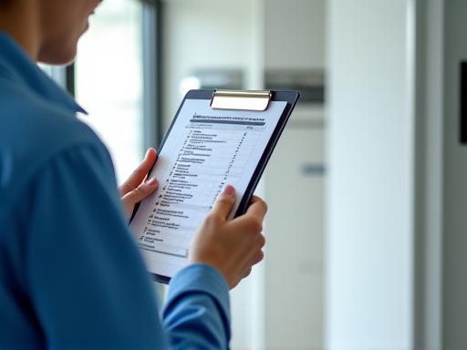 Supervisor reviewing a cleaning checklist in a freshly cleaned room